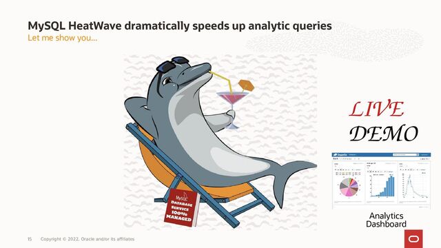 15
Let me show you...
MySQL HeatWave dramatically speeds up analytic queries
LIVE
DEMO
Analytics
Dashboard
Copyright © 2022, Oracle and/or its affiliates
