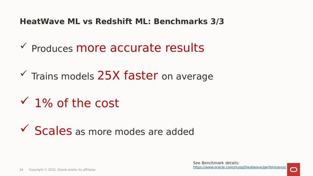  Produces more accurate results
 Trains models 25X faster on average
 1% of the cost
 Scales as more modes are added
HeatWave ML vs Redshift ML: Benchmarks 3/3
Copyright © 2022, Oracle and/or its affiliates
See Benchmark details:
https://www.oracle.com/mysql/heatwave/performance/
24

