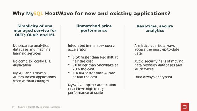 Why MySQL HeatWave for new and existing applications?
Copyright © 2022, Oracle and/or its affiliates
Unmatched price
performance
Integrated in-memory query
accelerator
 6.5X faster than Redshift at
half the cost
 7X faster than Snowflake at
20% the cost
 1,400X faster than Aurora
at half the cost
MySQL Autopilot: automation
to achieve high query
performance at scale
Real-time, secure
analytics
Analytics queries always
access the most up-to-date
data
Avoid security risks of moving
data between databases and
ML services
Data always encrypted
Simplicity of one
managed service for
OLTP, OLAP, and ML
No separate analytics
database and machine
learning services
No complex, costly ETL
duplication
MySQL and Amazon
Aurora-based applications
work without changes
29
