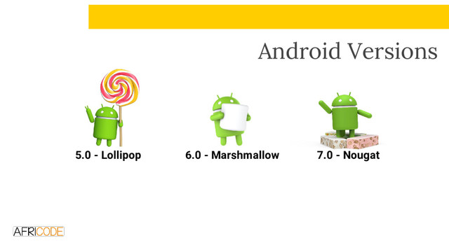 Android Versions
6.0 - Marshmallow 7.0 - Nougat
5.0 - Lollipop
