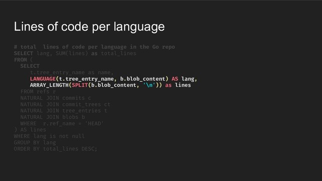 Lines of code per language
# total lines of code per language in the Go repo
SELECT lang, SUM(lines) as total_lines
FROM (
SELECT
t.tree_entry_name as name,
LANGUAGE(t.tree_entry_name, b.blob_content) AS lang,
ARRAY_LENGTH(SPLIT(b.blob_content, '\n')) as lines
FROM refs r
NATURAL JOIN commits c
NATURAL JOIN commit_trees ct
NATURAL JOIN tree_entries t
NATURAL JOIN blobs b
WHERE r.ref_name = 'HEAD'
) AS lines
WHERE lang is not null
GROUP BY lang
ORDER BY total_lines DESC;
