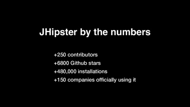 JHipster by the numbers
+250 contributors
+6800 Github stars
+480,000 installations
+150 companies ofﬁcially using it
