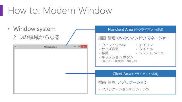 How to: Modern Window
• Window system
2 つの領域からなる
Nonclient Area (非クライアント領域)
• ウィンドウの枠
• サイズ変更
• 移動
• キャプション ボタン
(最小化・最大化・閉じる)
• アイコン
• タイトル
• システム メニュー
描画･管理: OS のウィンドウ マネージャー
Client Area (クライアント領域)
• アプリケーションのコンテンツ
描画･管理: アプリケーション
