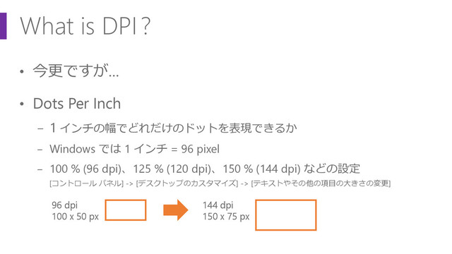 What is DPI?
• 今更ですが…
• Dots Per Inch
− 1 インチの幅でどれだけのドットを表現できるか
− Windows では 1 インチ = 96 pixel
− 100 % (96 dpi)、125 % (120 dpi)、150 % (144 dpi) などの設定
[コントロール パネル] -> [デスクトップのカスタマイズ] -> [テキストやその他の項目の大きさの変更]
96 dpi
100 x 50 px
144 dpi
150 x 75 px
96 dpi
100 x 50 px
144 dpi
150 x 75 px
