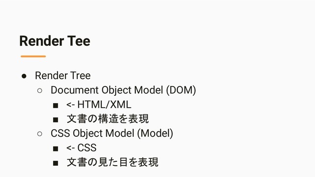 Render Tee
● Render Tree
○ Document Object Model (DOM)
■ <- HTML/XML
■ 文書の構造を表現
○ CSS Object Model (Model)
■ <- CSS
■ 文書の見た目を表現
