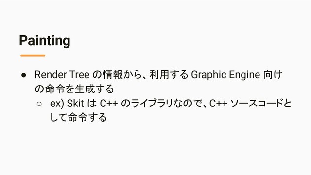 Painting
● Render Tree の情報から、利用する Graphic Engine 向け
の命令を生成する
○ ex) Skit は C++ のライブラリなので、C++ ソースコードと
して命令する
