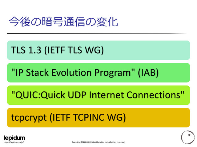 Copyright © 2004-2015 Lepidum Co. Ltd. All rights reserved.
https://lepidum.co.jp/
今後の暗号通信の変化
TLS 1.3 (IETF TLS WG)
"IP Stack Evolution Program" (IAB)
"QUIC:Quick UDP Internet Connections"
tcpcrypt (IETF TCPINC WG)
