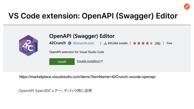 VS Code extension: OpenAPI (Swagger) Editor
https://marketplace.visualstudio.com/items?itemName=42Crunch.vscode-openapi
OpenAPI Specのビュアー、デバック用に活用
