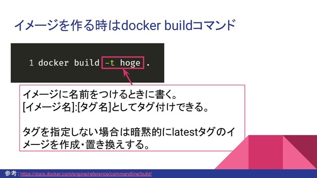 イメージを作る時はdocker buildコマンド
イメージに名前をつけるときに書く。
[イメージ名]:[タグ名]としてタグ付けできる。
タグを指定しない場合は暗黙的にlatestタグのイ
メージを作成・置き換えする。
参考：https://docs.docker.com/engine/reference/commandline/build/
