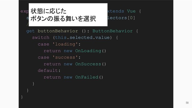 58
export default class Loading extends Vue {
selected: Selector = this.selectors[0]
// (略)
get buttonBehavior (): ButtonBehavior {
switch (this.selected.value) {
case 'loading':
return new OnLoading()
case 'success':
return new OnSuccess()
default:
return new OnFailed()
}
}
}
状態に応じた
ボタンの振る舞いを選択
