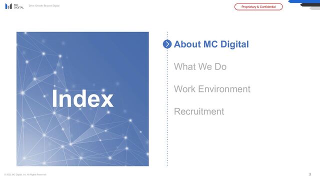 Drive Growth Beyond Digital Proprietary & Confidential
© 2023 MC Digital, Inc. All Rights Reserved. 2
About MC Digital
What We Do
Work Environment
Recruitment
Index
