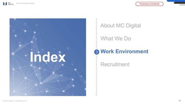 Drive Growth Beyond Digital Proprietary & Confidential
© 2023 MC Digital, Inc. All Rights Reserved. 17
About MC Digital
What We Do
Work Environment
Recruitment
Index
