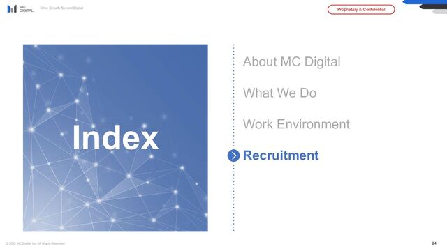 Drive Growth Beyond Digital Proprietary & Confidential
© 2023 MC Digital, Inc. All Rights Reserved. 24
About MC Digital
What We Do
Work Environment
Recruitment
Index

