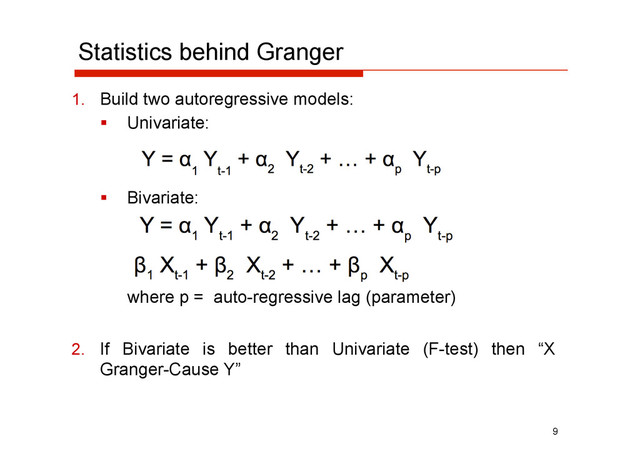 Statistics behind Granger
  Univariate:
  Bivariate:
where p = auto-regressive lag (parameter)
9
1.  Build two autoregressive models:
2.  If Bivariate is better than Univariate (F-test) then “X
Granger-Cause Y”
