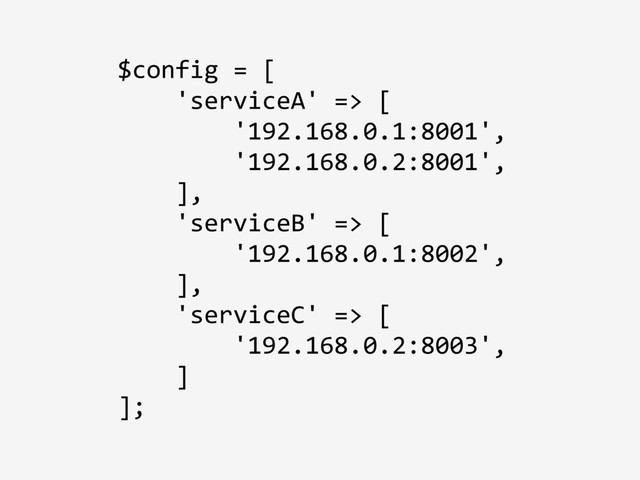 $config = [
'serviceA' => [
'192.168.0.1:8001',
'192.168.0.2:8001',
],
'serviceB' => [
'192.168.0.1:8002',
],
'serviceC' => [
'192.168.0.2:8003',
]
];
