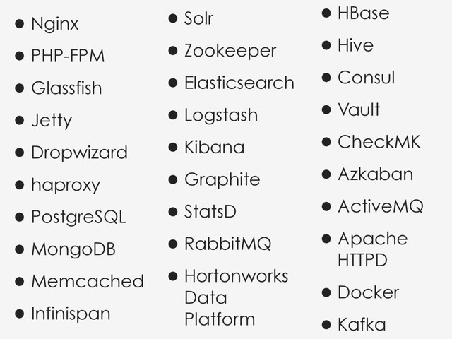 •Nginx
•PHP-FPM
•Glassfish
•Jetty
•Dropwizard
•haproxy
•PostgreSQL
•MongoDB
•Memcached
•Infinispan
•Solr
•Zookeeper
•Elasticsearch
•Logstash
•Kibana
•Graphite
•StatsD
•RabbitMQ
•Hortonworks
Data
Platform
•HBase
•Hive
•Consul
•Vault
•CheckMK
•Azkaban
•ActiveMQ
•Apache
HTTPD
•Docker
•Kafka
