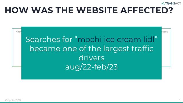 HOW WAS THE WEBSITE AFFECTED?
#BrightonSEO 31
Searches for ”mochi ice cream lidl”
became one of the largest traffic
drivers
aug/22-feb/23
