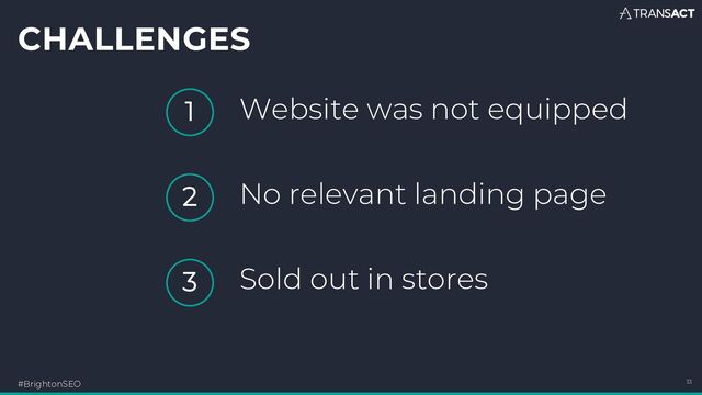 CHALLENGES
#BrightonSEO 33
1
2
3
Website was not equipped
No relevant landing page
Sold out in stores
