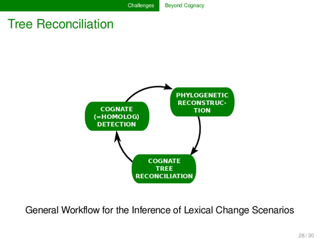 Challenges Beyond Cognacy
Tree Reconciliation
PHYLOGENETIC
RECONSTRUC-
TION
COGNATE
(=HOMOLOG)
DETECTION
COGNATE
TREE
RECONCILIATION
General Workﬂow for the Inference of Lexical Change Scenarios
28 / 30
