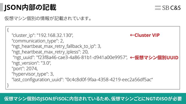 14
JSON内部の記載
仮想マシン個別の情報が記載されています。
{
"cluster_ip": "192.168.32.130",
"communication_type": 2,
“ngt_heartbeat_max_retry_fallback_to_ip”: 3,
"ngt_heartbeat_max_retry_ipless": 20,
"ngt_uuid": "f23f8a46-cae3-4a86-81b1-d941a00e9957",
"ngt_version": "3.0",
"port": 2074,
"hypervisor_type": 3,
"last_configuration_uuid": "0c4c8d0f-9faa-4358-4219-eec2a56df5ac“
}
←Cluster VIP
←仮想マシン個別UUID
仮想マシン個別のJSONがISOに内包されているため、仮想マシンごとにNGTのISOが必要
