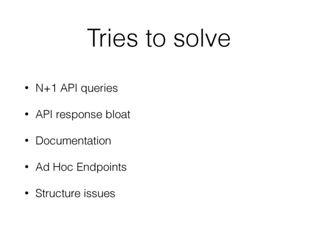 Tries to solve
• N+1 API queries
• API response bloat
• Documentation
• Ad Hoc Endpoints
• Structure issues
