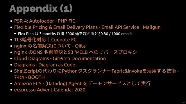 Appendix (1)
Flex Plan
は 3 months 5000
を超えると$0.80 / 1000 emails
PSR-4: Autoloader - PHP-FIG
Flexible Pricing & Email Delivery Plans - Email API Service | Mailgun
TLS
｜Cuenote FC
nginx
の 前 決について - Qiita
Nginx
のDNS
前 決とS3
やELB
へのリバースプロキシ
Cloud Diagrams - GitPitch Documentation
Diagrams · Diagram as Code
ShellScript
の代わりにPython
タスクランナーFabric&Invoke
を活⽤する技 -
74th - BOOTH
Amazon ECS - (Datadog) Agent
をデーモンサービスとして ⾏
ecspresso Advent Calendar 2020
33 / 35
