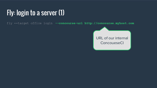 Fly: login to a server (1)
fly --target office login --concourse-url http://concourse.myhost.com
URL of our internal
ConcoueseCI
