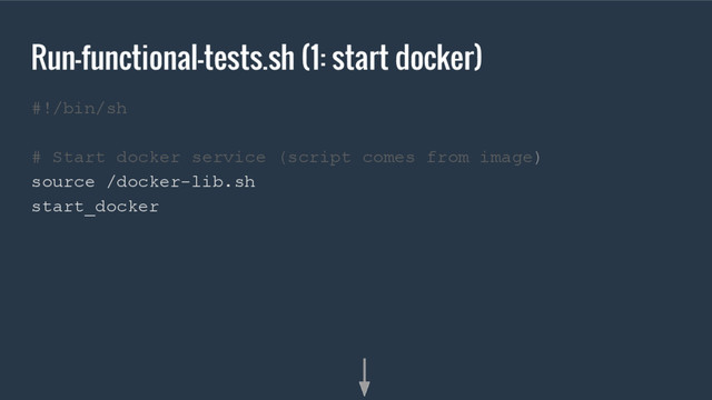 Run-functional-tests.sh (1: start docker)
#!/bin/sh
# Start docker service (script comes from image)
source /docker-lib.sh
start_docker
