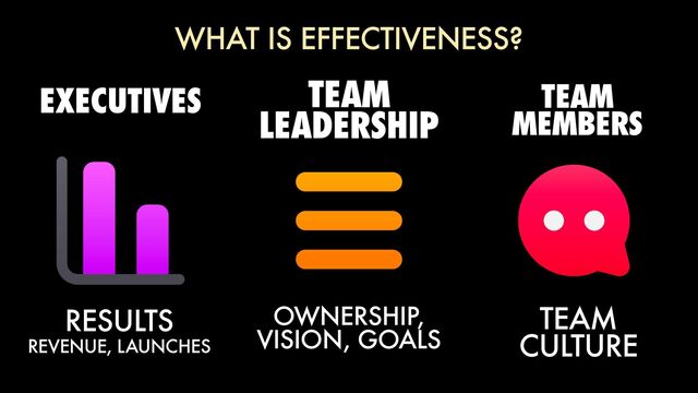 EXECUTIVES
WHAT IS EFFECTIVENESS?
TEAM
LEADERSHIP
TEAM


MEMBERS
OWNERSHIP,
VISION, GOALS
TEAM
CULTURE
RESULTS
REVENUE, LAUNCHES
