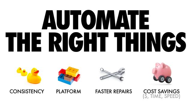 AUTOMATE


THE RIGHT THINGS
CONSISTENCY PLATFORM COST SAVINGS


($, TIME, SPEED)
FASTER REPAIRS

