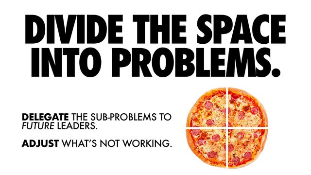 DIVIDE THE SPACE
INTO PROBLEMS.
DELEGATE THE SUB-PROBLEMS TO
FUTURE LEADERS.


ADJUST WHAT’S NOT WORKING.
