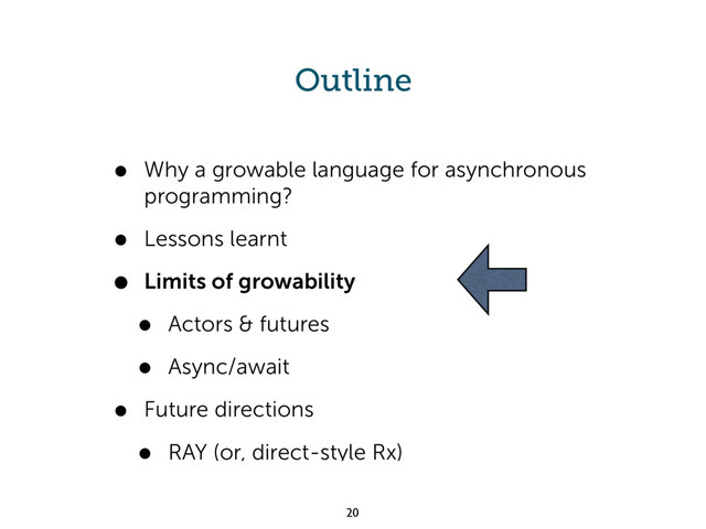 Outline
• Why a growable language for asynchronous
programming?
• Lessons learnt
• Limits of growability
• Actors & futures
• Async/await
• Future directions
• RAY (or, direct-style Rx)
20
