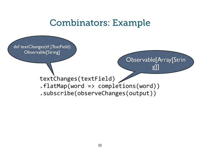 Combinators: Example
textChanges(textField)
.flatMap(word => completions(word))
.subscribe(observeChanges(output))
Observable[Array[Strin
g]]
def textChanges(tf: JTextField):
Observable[String]
33
