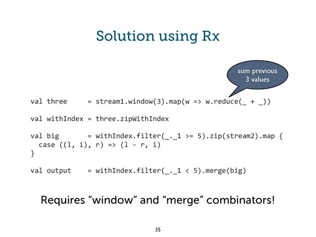 Solution using Rx
val three = stream1.window(3).map(w => w.reduce(_ + _))
val withIndex = three.zipWithIndex
val big = withIndex.filter(_._1 >= 5).zip(stream2).map {
case ((l, i), r) => (l - r, i)
}
val output = withIndex.filter(_._1 < 5).merge(big)
sum previous
3 values
Requires “window” and “merge” combinators!
35
