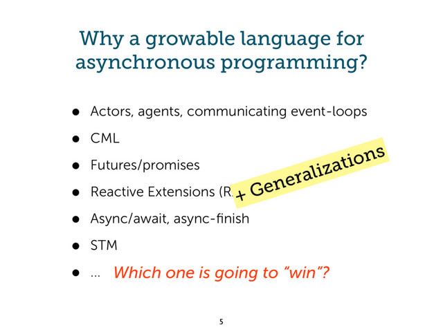 Why a growable language for
asynchronous programming?
• Actors, agents, communicating event-loops
• CML
• Futures/promises
• Reactive Extensions (Rx)
• Async/await, async-ﬁnish
• STM
• ...
+ Generalizations
Which one is going to “win”?
5
