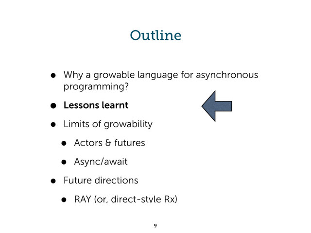Outline
• Why a growable language for asynchronous
programming?
• Lessons learnt
• Limits of growability
• Actors & futures
• Async/await
• Future directions
• RAY (or, direct-style Rx)
9
