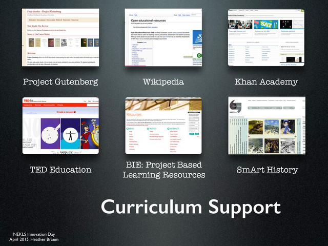 NEKLS Innovation Day
April 2015, Heather Braum
Curriculum Support
Project Gutenberg Wikipedia Khan Academy
TED Education SmArt History
BIE: Project Based
Learning Resources
