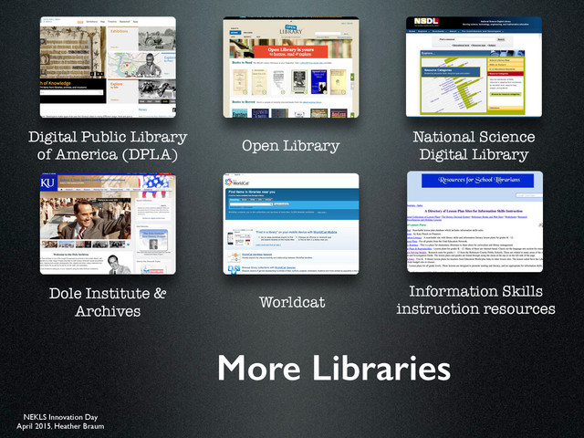 NEKLS Innovation Day
April 2015, Heather Braum
More Libraries
Digital Public Library
of America (DPLA)
Open Library
National Science
Digital Library
Dole Institute &
Archives
Worldcat
Information Skills
instruction resources
