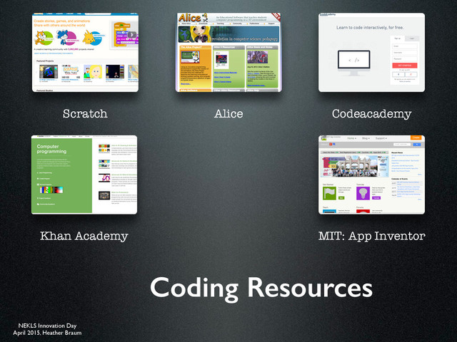 NEKLS Innovation Day
April 2015, Heather Braum
Coding Resources
Scratch Alice Codeacademy
Khan Academy MIT: App Inventor
