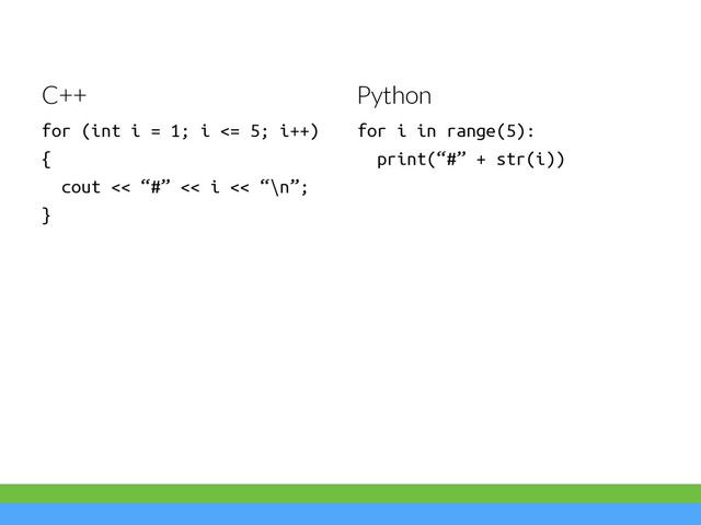 for (int i = 1; i <= 5; i++)
{
cout << “#” << i << “\n”;
}
for i in range(5):
print(“#” + str(i))
C++ Python
