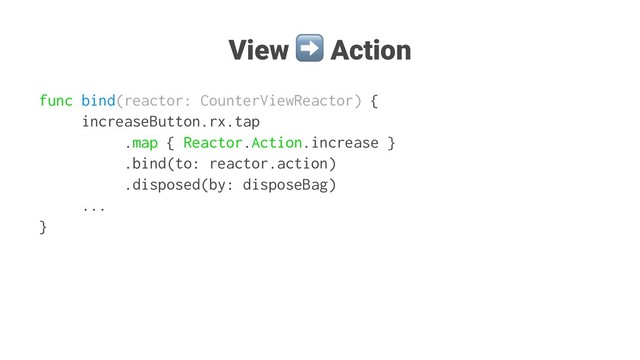 View
➡
Action
func bind(reactor: CounterViewReactor) {
increaseButton.rx.tap
.map { Reactor.Action.increase }
.bind(to: reactor.action)
.disposed(by: disposeBag)
...
}
