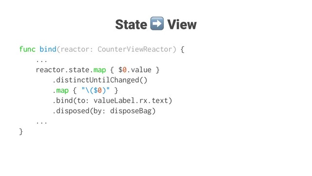 State
➡
View
func bind(reactor: CounterViewReactor) {
...
reactor.state.map { $0.value }
.distinctUntilChanged()
.map { "\($0)" }
.bind(to: valueLabel.rx.text)
.disposed(by: disposeBag)
...
}
