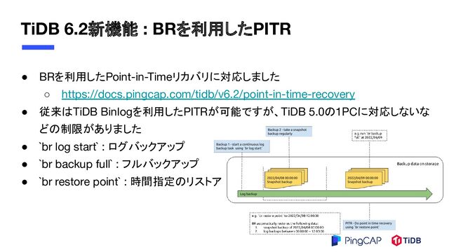 TiDB 6.2新機能 : BRを利用したPITR
● BRを利用したPoint-in-Timeリカバリに対応しました
○ https://docs.pingcap.com/tidb/v6.2/point-in-time-recovery
● 従来はTiDB Binlogを利用したPITRが可能ですが、TiDB 5.0の1PCに対応しないな
どの制限がありました
● `br log start` : ログバックアップ
● `br backup full` : フルバックアップ
● `br restore point` : 時間指定のリストア
