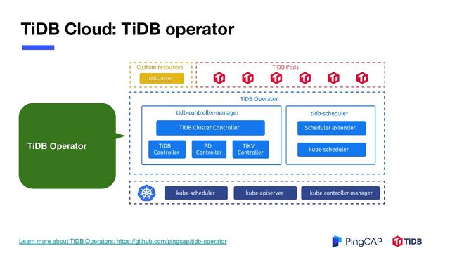 TiDB Cloud: TiDB operator
TiDB Operator
Learn more about TiDB Operators: https://github.com/pingcap/tidb-operator
