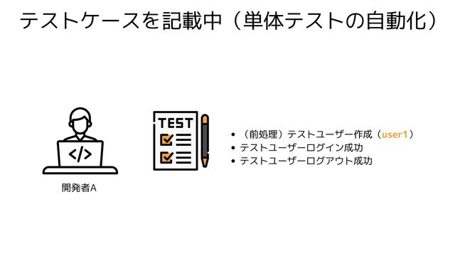 テストケースを記載中（単体テストの自動化）
（前処理）テストユーザー作成（user1）
テストユーザーログイン成功
テストユーザーログアウト成功
開発者A
