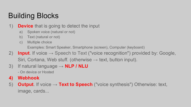 Building Blocks
1) Device that is going to detect the input
a) Spoken voice (natural or not)
b) Text (natural or not)
c) Multiple choice
Examples: Smart Speaker, Smartphone (screen), Computer (keyboard)
2) Input. If voice → Speech to Text ("voice recognition") provided by: Google,
Siri, Cortana, Web stuff. (otherwise → text, button input).
3) If natural language → NLP / NLU
- On device or Hosted
4) Webhook
5) Output. If voice → Text to Speech ("voice synthesis") Otherwise: text,
image, cards...
