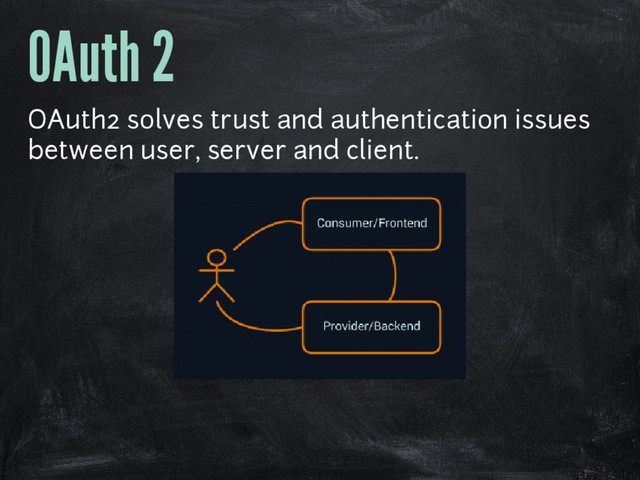 OAuth 2
OAuth2 solves trust and authentication issues
between user, server and client.
