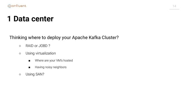 14
1 Data center
Thinking where to deploy your Apache Kafka Cluster?
○ RAID or JOBD ?
○ Using virtualization
■ Where are your VM’s hosted
■ Having noisy neighbors
○ Using SAN?
