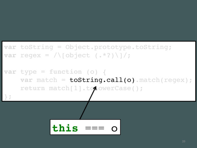 var toString = Object.prototype.toString;!
var regex = /\[object (.*?)\]/;!
!
var type = function (o) {!
var match = toString.call(o).match(regex);!
return match[1].toLowerCase();!
};!
39	  
this === o	  
