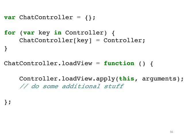 56	  
var ChatController = {};!
!
for (var key in Controller) {!
ChatController[key] = Controller;!
}!
!
ChatController.loadView = function () {!
!
Controller.loadView.apply(this, arguments);
// do some additional stuff!
!
};!
	  
